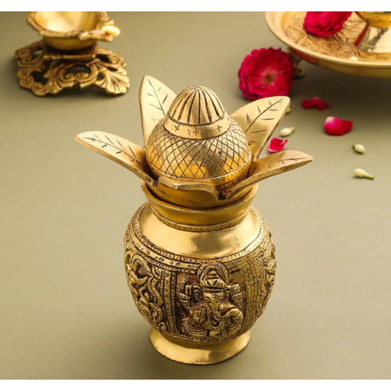 Novelika- Brass Kalash with Ganesh and Lakshmi Carving(NA591)
