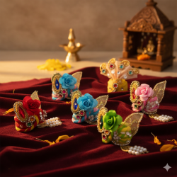 Laddu Gopal Mukut - Beautiful Multicolor Flower Design Pagdi - Set Of 6