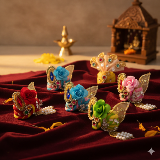 Laddu Gopal Mukut - Beautiful Multicolor Flower Design Pagdi - Set Of 6