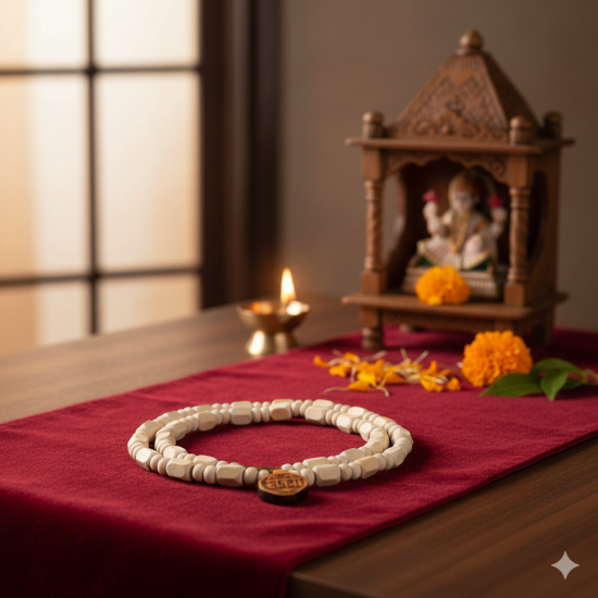 Adults Unisex Original Tulsi Mala For Neck With Engraved Design Radha Pendant/Locket, Holy Basil Wooden Necklace 