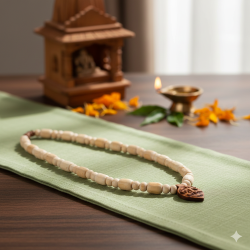 Adults Unisex Original Tulsi Mala For Neck With Engraved Design Radha Pendant/Locket, Holy Basil Wooden Necklace 