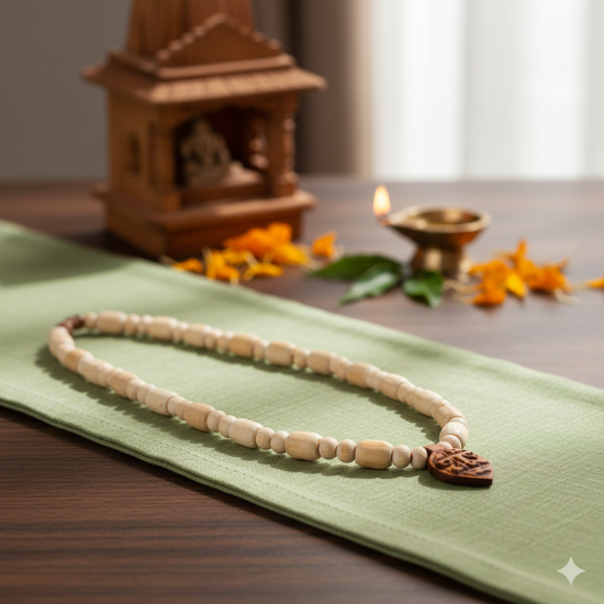 Adults Unisex Original Tulsi Mala For Neck With Engraved Design Radha Pendant/Locket, Holy Basil Wooden Necklace 