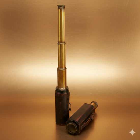 Antique Brass & Black Leather Cover, Victorian Marine 15.5inch, Four Fold Spyglass Telescope Kelvin & Hughes London 1917