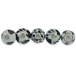 White and Black Leaf Flower Design Ceramic Drawer Knobs - For Kitchen Cabinet Hardware Door Pulls Decorative Dresser Stainless steel - Pack Of 5