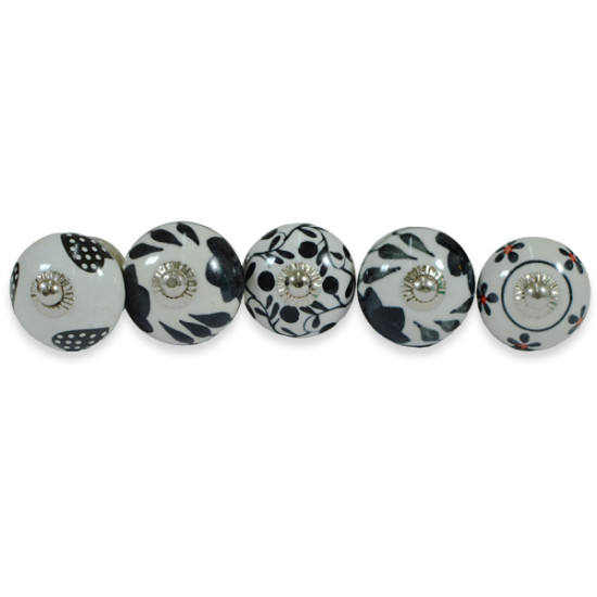White and Black Leaf Flower Design Ceramic Drawer Knobs - For Kitchen Cabinet Hardware Door Pulls Decorative Dresser Stainless steel - Pack Of 5