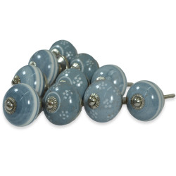 Ceramic Grey Round White & Dotted Flower Design Knobs  - For Kitchen Cabinet Hardware Door Furniture Handle Drawer Pulls Dresser Handle Knobs - Pack of 10