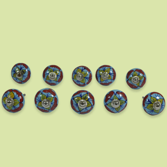 Ceramic Sky Blue & Red Flower Design Knobs - For Kitchen Cabinet Hardware Door Furniture Handle Drawer Pulls Dresser Handle Knobs - Pack Of 10 Ceramic Sky Blue & Red Flower Design Knobs - For Kitchen Cabinet Hardware Door Furniture Handle Drawer Pulls Dresser Handle Knobs - Pack Of 10
