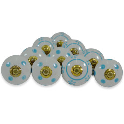 Ceramic White & Round Blue line Dotted Drawer Door Knobs - For Drawer Kitchen Cabinet Hardware Door Pulls Decorative Dresser Premium Elegance - Pack Of 10 