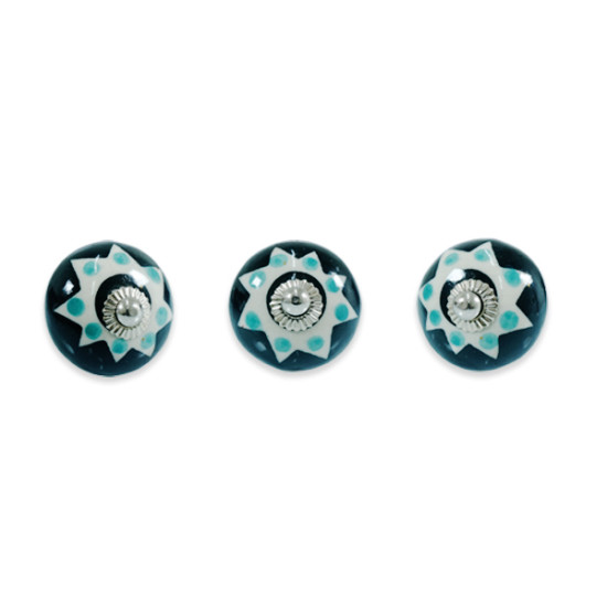 Ceramic Black & White Round Green Dotted Door Knobs - For Drawer Kitchen Cabinet Hardware Door Pulls Decorative Dresser Stainless Steel Fittings - Pack Of 5