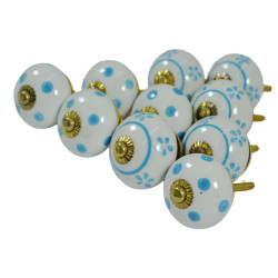 Ceramic White & Round Blue line Dotted Drawer Door Knobs - For Drawer Kitchen Cabinet Hardware Door Pulls Decorative Dresser Premium Elegance - Pack Of 10 