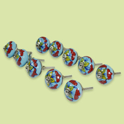 Ceramic Sky Blue & Red Flower Design Knobs - For Kitchen Cabinet Hardware Door Furniture Handle Drawer Pulls Dresser Handle Knobs - Pack Of 10