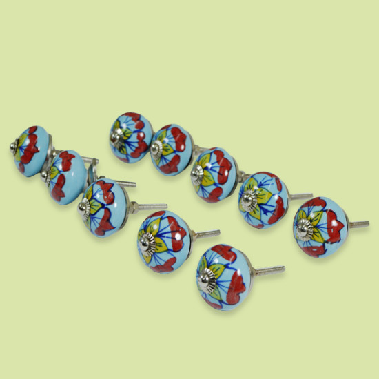 Ceramic Sky Blue & Red Flower Design Knobs - For Kitchen Cabinet Hardware Door Furniture Handle Drawer Pulls Dresser Handle Knobs - Pack Of 10 Ceramic Sky Blue & Red Flower Design Knobs - For Kitchen Cabinet Hardware Door Furniture Handle Drawer Pulls Dresser Handle Knobs - Pack Of 10