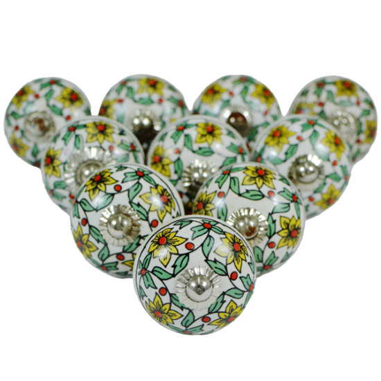 Ceramic Knobs - Multicolor Flower Design  Drawer Pull Handles Round Floral Kitchen Drawer - Set Of 10 Pack