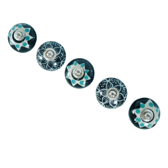 Ceramic Black & White Green Dot Flower Design Door Knobs - For Drawer Kitchen Cabinet Hardware Door Pulls Decorative Dresser Stainless Steel Fittings - Pack Of 5