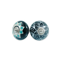 Ceramic Black & White Green Dot Flower Design Door Knobs - For Drawer Kitchen Cabinet Hardware Door Pulls Decorative Dresser Stainless Steel Fittings - Pack Of 5