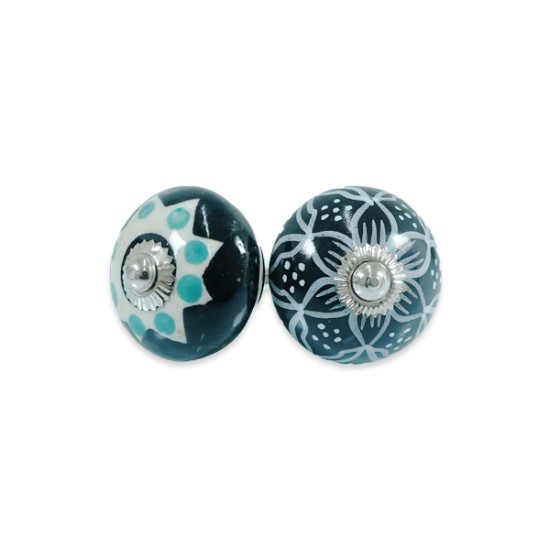 Ceramic Black & White Green Dot Flower Design Door Knobs - For Drawer Kitchen Cabinet Hardware Door Pulls Decorative Dresser Stainless Steel Fittings - Pack Of 5