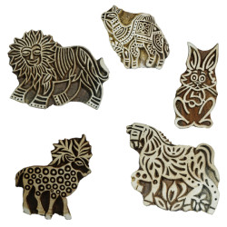 Animal Design Wooden Stamps for Block Printing ,Fabric Paper Clay Saree Border Card Making Henna ( Set Of 5)