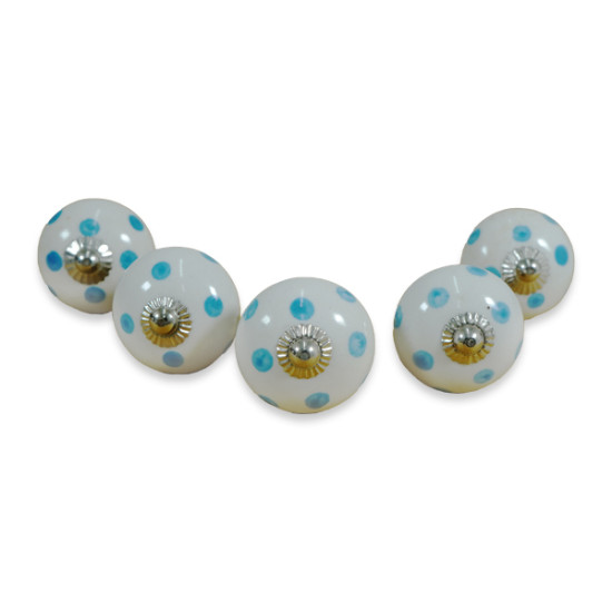 White & Polka Blue Dot Ceramic Drawer Knobs - For Kitchen Cabinet Hardware Door Handle Pulls Decorative Dresser - Pack Of 5