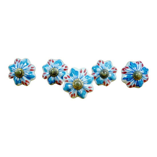 Ceramic Knobs Blue and White Floral Hand Painted Ceramic Pumpkin Cupboard Wardrobe Cabinet Drawer Door Handles Pulls Knob, ( Set Of 5 )