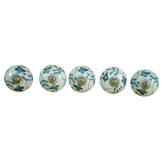 White & Grey Leaf Drawer Ceramic Knob - For Kitchen Cabinet Hardware Door Pulls Decorative Dresser - Pack Of 5