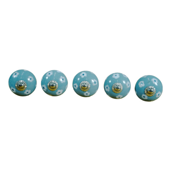 Grey & White Floral Ceramic Knob - Flower Door Handle - For Kitchen Cabinet Hardware Door Pulls Decorative Dresser - Pack Of 5