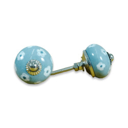 Grey & White Floral Ceramic Knob - Flower Door Handle - For Kitchen Cabinet Hardware Door Pulls Decorative Dresser - Pack Of 5