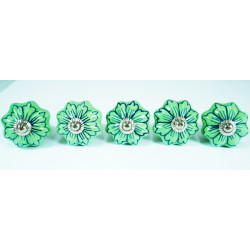Ceramic Knobs - Dark Green Flower Deign - Hardware Door Decorative Dresser Pulls Luxurious Crafted by Hand - 5 Pack