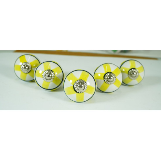 White & Yellow Black Line Ceramic Knobs  - For Kitchen Cabinet Hardware Door Furniture Handle Drawer Pulls Dresser Handle Knobs - Pack of 5