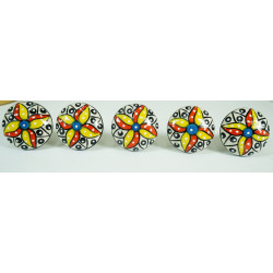 White & Colorful Flower Design Ceramic Door Knob - For Drawer Kitchen Cabinet Hardware Door Handle Pulls Decorative Dresser Premium Elegance - Pack Of 5