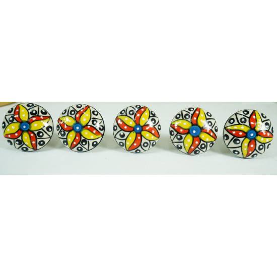 White & Colorful Flower Design Ceramic Door Knob - For Drawer Kitchen Cabinet Hardware Door Handle Pulls Decorative Dresser Premium Elegance - Pack Of 5