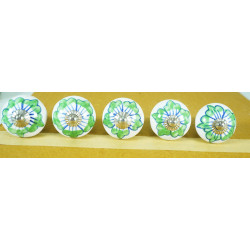 Green  Floral Round Shape Hand Painted Ceramic knobs. For  Kitchen Cupboard ,Furniture Home Decor,  Cabinet - Drawer - Cabinet pulls - Door knobs. (Set Of 5.)