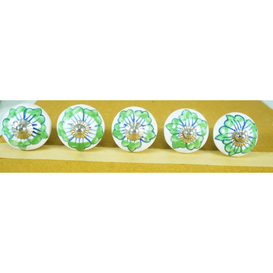 Green  Floral Round Shape Hand Painted Ceramic knobs. For  Kitchen Cupboard ,Furniture Home Decor,  Cabinet - Drawer - Cabinet pulls - Door knobs. (Set Of 5.)