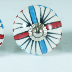 Ceramic Knobs - White With Red & Blue Deign - Decorative Kitchen and Dresser Handles - Set Of 5 Pack