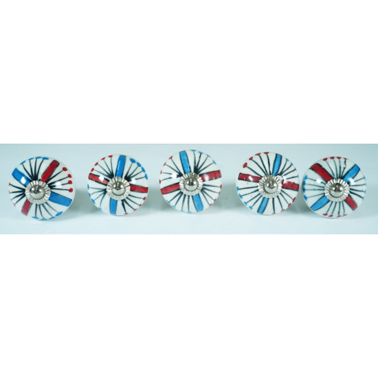 Ceramic Knobs - White With Red & Blue Deign - Decorative Kitchen and Dresser Handles - Set Of 5 Pack
