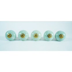 Green & White Dot Ceramic Drawer Knobs - For Kitchen Cabinet Hardware Door Handle Pulls Decorative Dresser - Pack Of 5