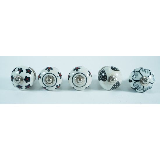 Ceramic Knobs - Multi Design - For Drawer Kitchen Cabinet Hardware Door Pulls Decorative Dresser Premium Elegance - Set Of 5 Pack
