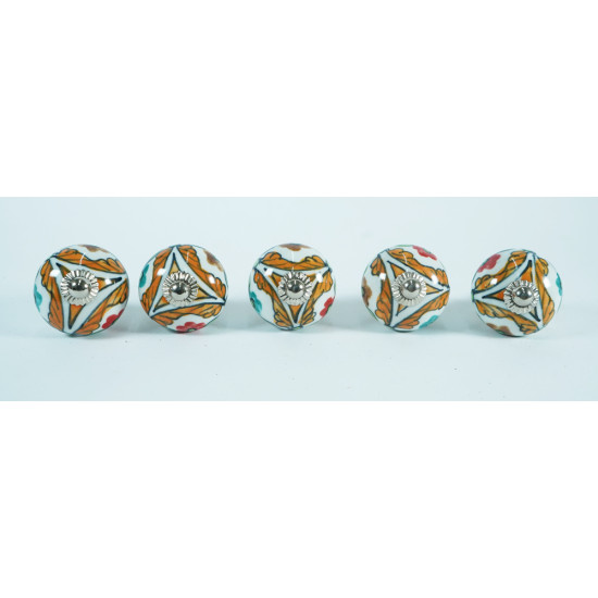 Ceramic Knobs - Multicolor Leaf Design - For Decorative Kitchen and Dresser Handles - Set Of 5  Pack