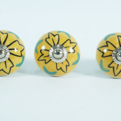 Ceramic knobs - Black & Yellow Flower Deign - For Decorative Kitchen and Dresser Handles - Set 5 Pack