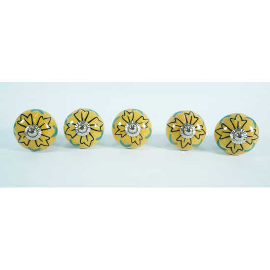 Ceramic knobs - Black & Yellow Flower Deign - For Decorative Kitchen and Dresser Handles - Set 5 Pack