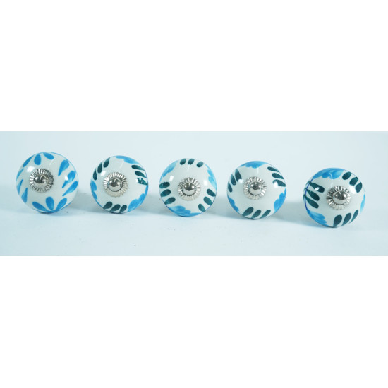 White & Blue Green Leaf Design Ceramic Drawer Knobs - For Kitchen Cabinet Hardware Door Handle Pulls Decorative Dresser - Pack Of 5
