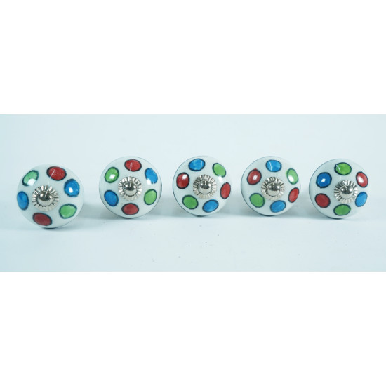 White & Polka Dot Ceramic Ball Knob Handcrafted Knobs - For Kitchen Cabinet Hardware Door Handle Pulls Decorative Dresser - Pack Of 5