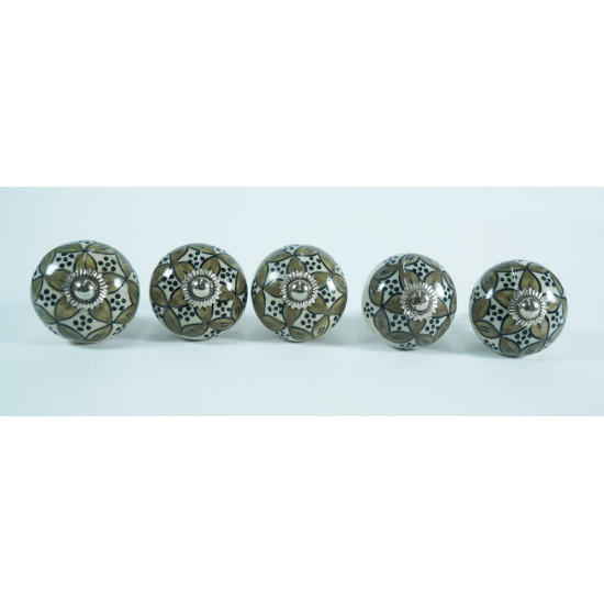 White & Brown Flower Design Ceramic Drawer Knobs - For Kitchen Cabinet Hardware Door Handle Pulls Decorative Dresser - Pack Of 5