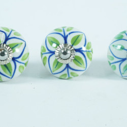 Ceramic knobs - White & Green Leaf - For Decorative Kitchen and Dresser Handles - Set Of 5
