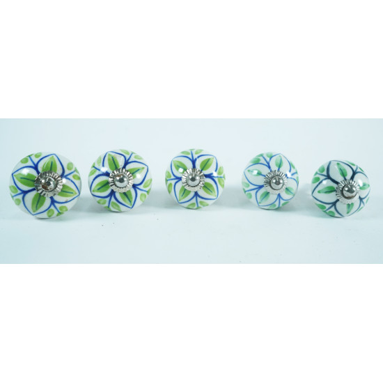 Ceramic knobs - White & Green Leaf - For Decorative Kitchen and Dresser Handles - Set Of 5