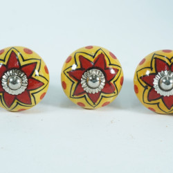 Ceramic knobs -Yellow With Red & Black Line Flower Deign - For Farmhouse, Home, Office, Garage, Room, Bathroom, Kitchen, Bedroom and Entryway - Set 5 Pack