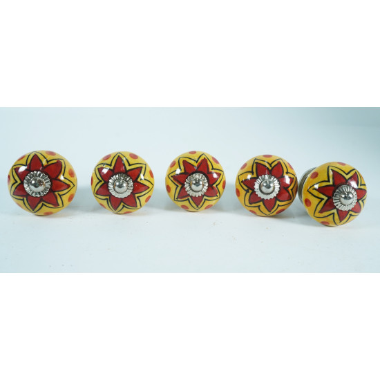 Ceramic knobs -Yellow With Red & Black Line Flower Deign - For Farmhouse, Home, Office, Garage, Room, Bathroom, Kitchen, Bedroom and Entryway - Set 5 Pack