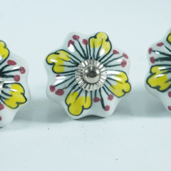 Ceramic Knobs - White With Yellow Flower Design - For Drawer Kitchen Cabinet Hardware Door Pulls Decorative Dresser Premium Elegance - 5 Pack