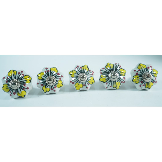 Ceramic Knobs - White With Yellow Flower Design - For Drawer Kitchen Cabinet Hardware Door Pulls Decorative Dresser Premium Elegance - 5 Pack