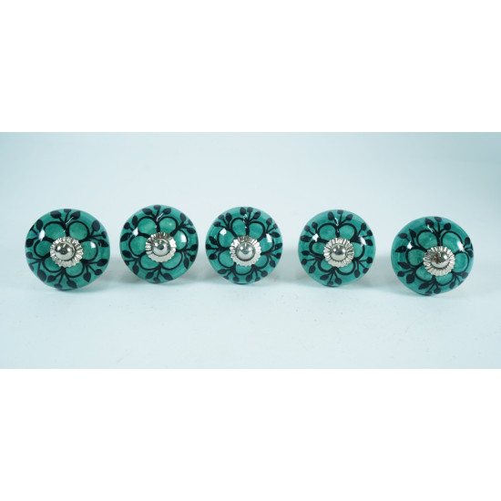 Ceramic knobs - Green Flower & Black Leaf - For Decorative Kitchen and Dresser Handles - 5 Pack