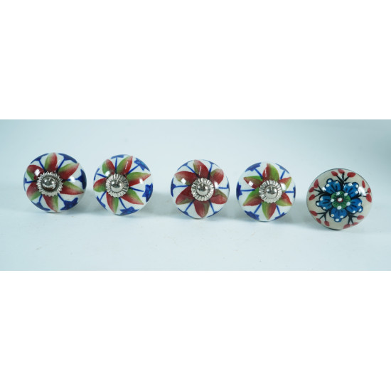 Ceramic Knobs - White Colorful Flower Design - For Farmhouse, Home, Office, Garage, Room, Bathroom, Kitchen, Bedroom - Set Of 5 Ceramic Knobs - White Colorful Flower Design - For Farmhouse, Home, Office, Garage, Room, Bathroom, Kitchen, Bedroom - Set Of 5